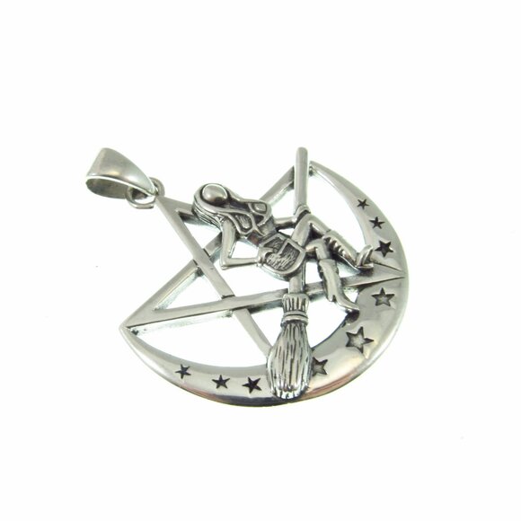 Solid 925 Sterling Silver Salem Witch on Broom Crescent Moon Pentagram Pendant - Picture 6 of 9